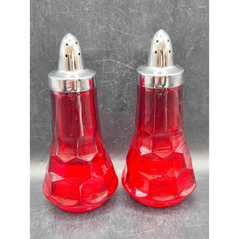 Vtg Viking Georgian Ruby Red Glass Salt‎ Pepper Chrome Lid Honeycomb Faceted